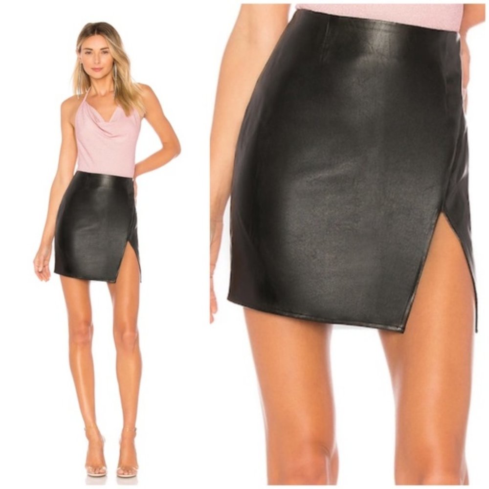 superdown Black Faux Leather Mini Skirt with Side Slit